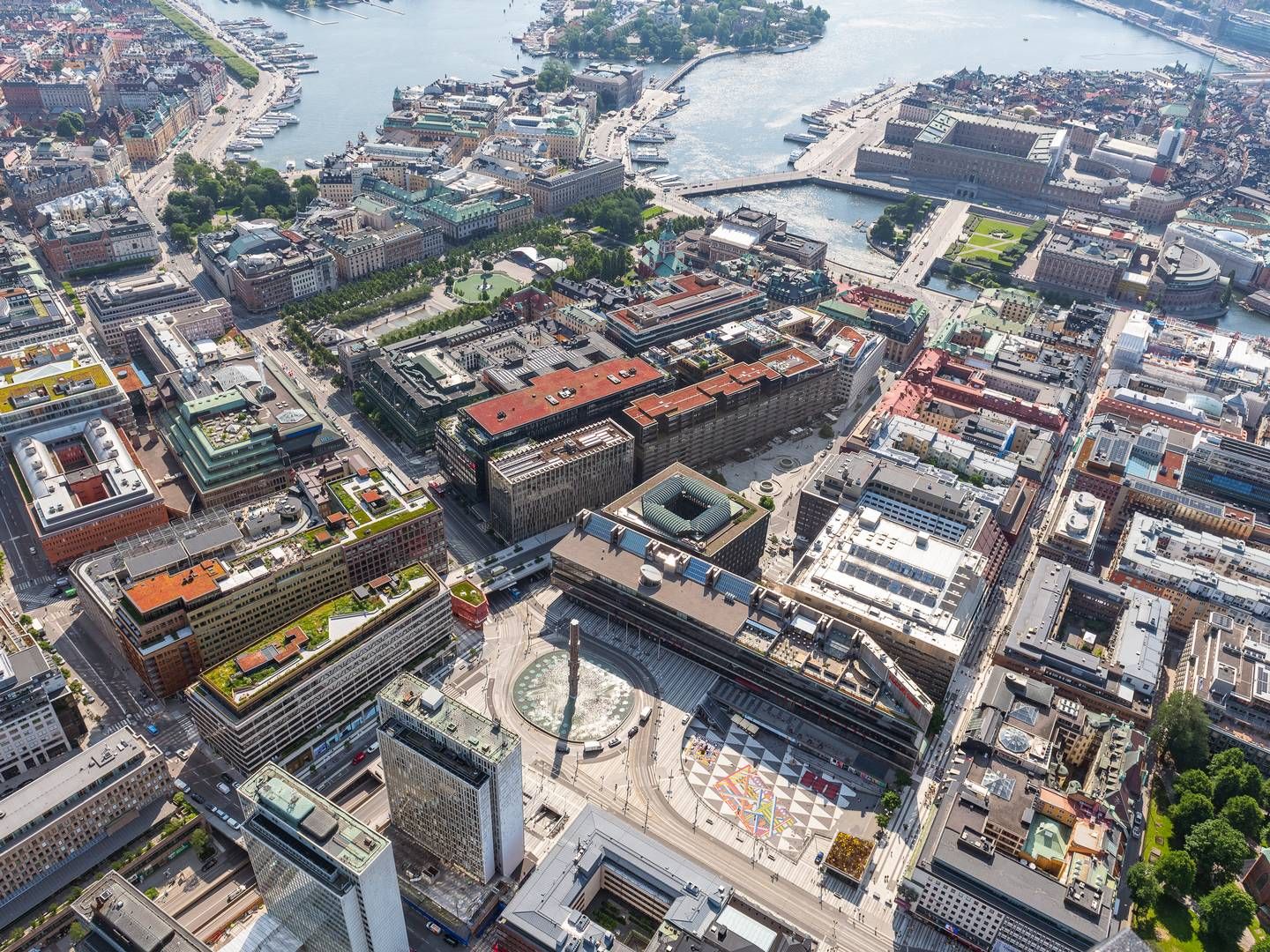 A helicopter view of the Urban Escape city block in downtown Stockholm, which will become the starting point for AP7's direct real estate investments. | Foto: Amf Fastigheter / Pr