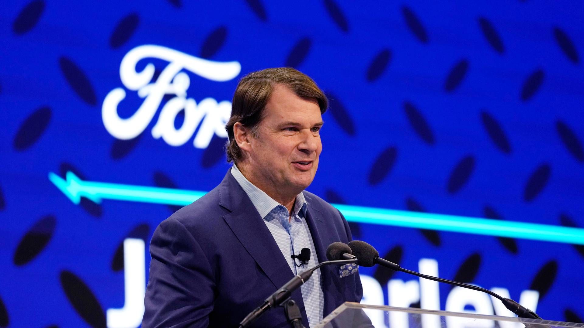 Adm. direktør i Ford, Jim Farley, sendte tirsdag roser til den kinesiske elbilsproducent til Morgan Stanley Sustainable Finance Summit i Detroit. | Foto: Carlos Osorio/AP/Ritzau Scanpix