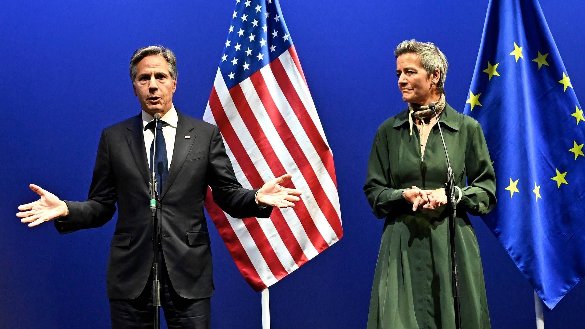 USA’s udenrigsminister, Antony Blinken, og EU-Kommissionens næstformand, Margrethe Vestager, har talt om teknologi under svensk topmøde. | Foto: Tt News Agency/Reuters/Ritzau Scanpix