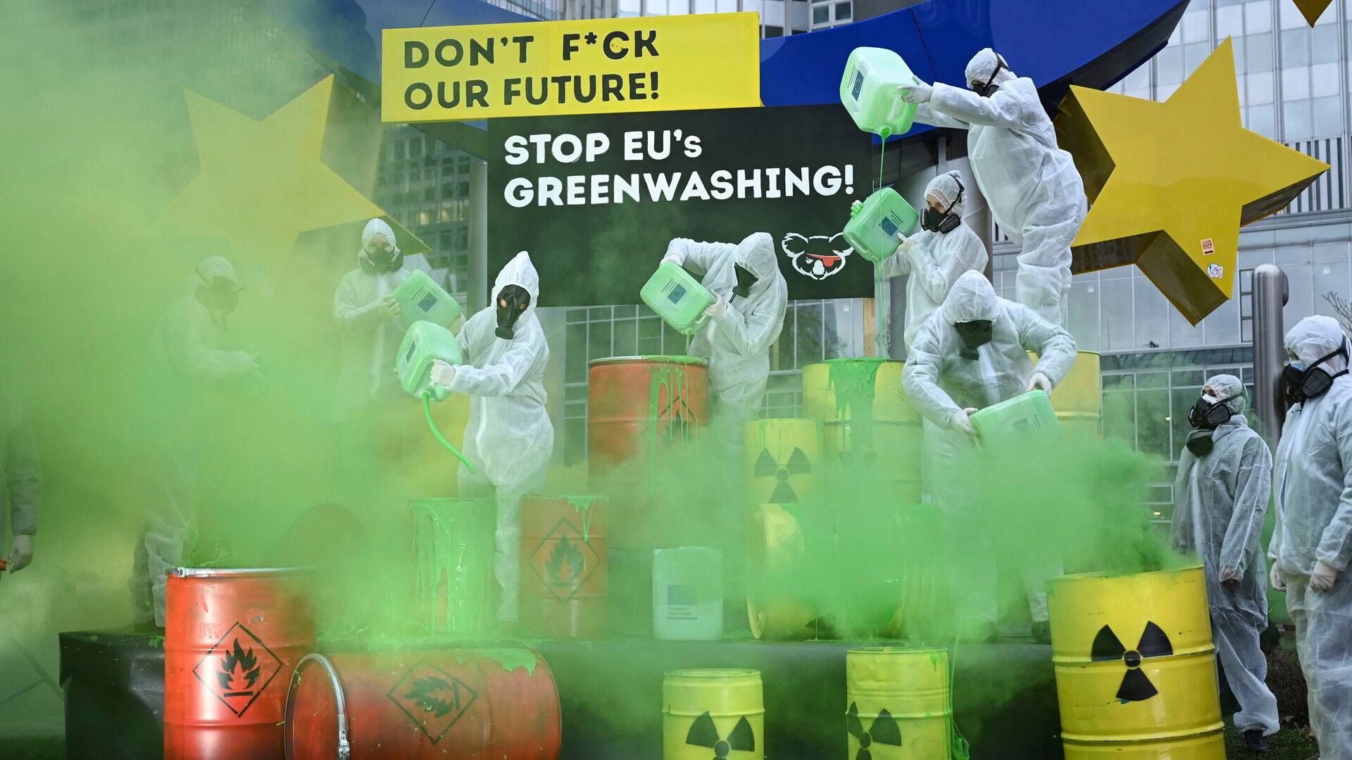 Protesters in Frankfurt, Germany, demonstrate against alleged EU greenwashing. | Photo: Arne Dedert/AP/Ritzau Scanpix