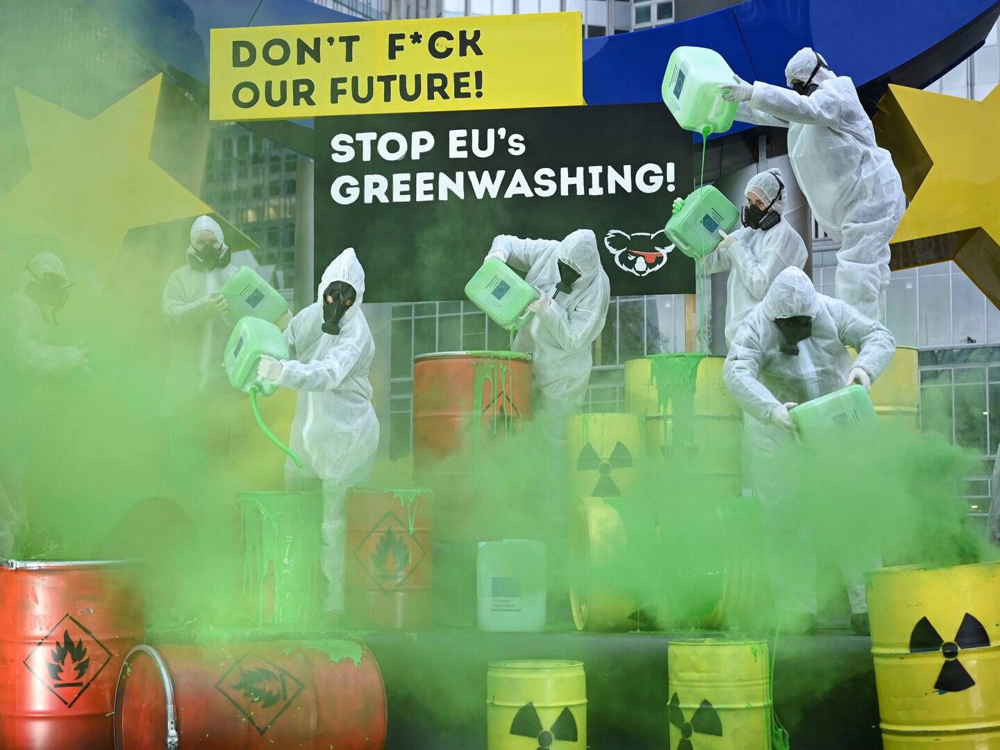 Protesters in Frankfurt, Germany, demonstrate against alleged EU greenwashing. | Foto: Arne Dedert/AP/Ritzau Scanpix