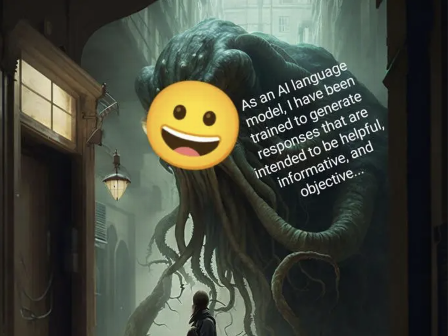 Blæksprutten Shoggoth er blevet et populært meme, der beskriver AI-evolutionen. Den er en ny metafor, der indkapsler en af de mest bizarre kendsgerninger om AI-verdenen: Uvidenhed og frygt blandt de mennesker, der udvikler teknologien. Kilde: Know your meme. public domain.