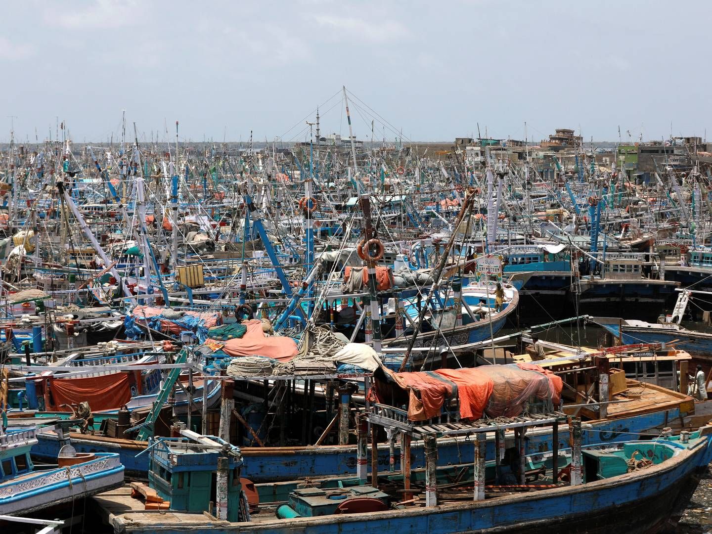 Fiskekuttere ligger for anker i delstaten Karachi, efter cyklonen Biparjoy har udløst et forbud mod aktiviteter ved kysten. | Foto: Akhtar Soomro/Reuters/Ritzau Scanpix