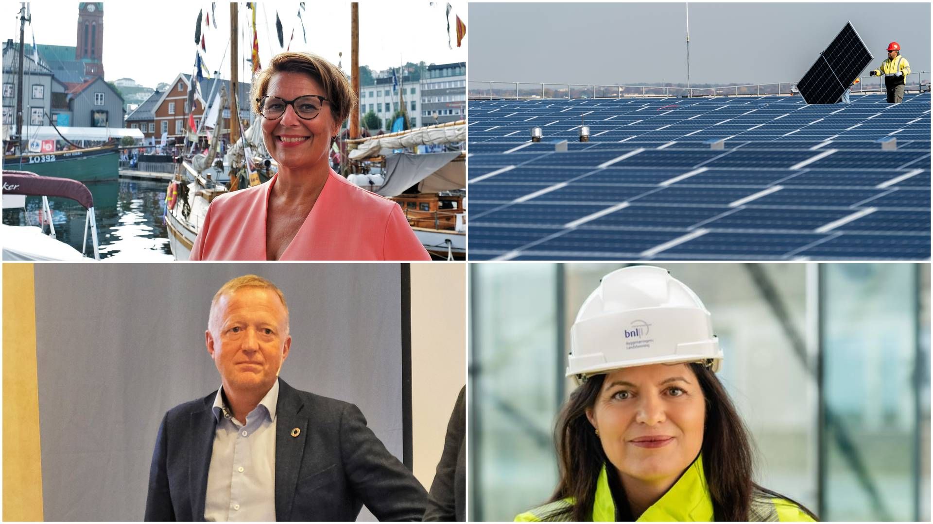 I VINDEN: Tilpasninger i regelverket kan gi flere mulighet til å produsere solenergi på norske næringsbygg. Med tiltak som følger av enigheten om revidert nasjonalbudsjett for 2023 får politikerne støtte av eiendomsbransjens store foreninger, men også krav om forbedringer og fremskyndelser. På bildene øverst fra venstre ser du Tone Tollevik Dahl i Norsk Eiendom, så et illustrasjonsbilde av solcellepaneler under montering på La Guardia flyplass i New York. Nederst fra venstre: Statsbygg-direktør Harald Nikolaisen, og administrerende direktør Nina Solli i Byggenæringens landsforening. | Foto: Fabian Skalleberg Nilsen, AP Photo/Mary Altaffer og Byggenæringens Landsforening. Montasje: EiendomsWatch.