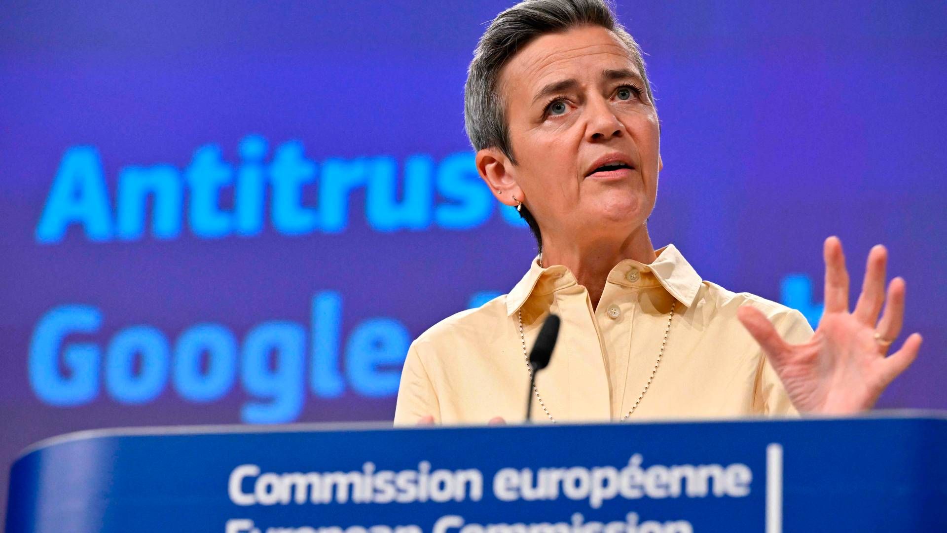 EU-Kommissionens næstformand, Margrethe Vestager, fremlagde resultatet af undersøgelsen af Google. | Foto: John Thys
