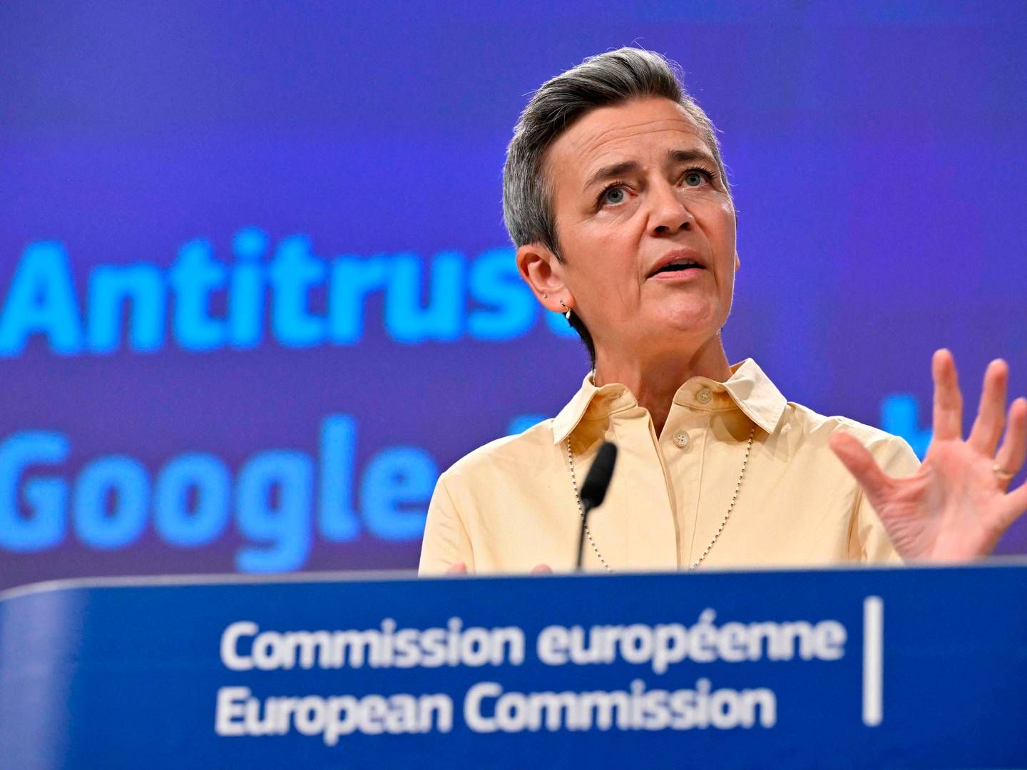 EU-Kommissionens næstformand, Margrethe Vestager, fremlagde resultatet af undersøgelsen af Google. | Foto: John Thys