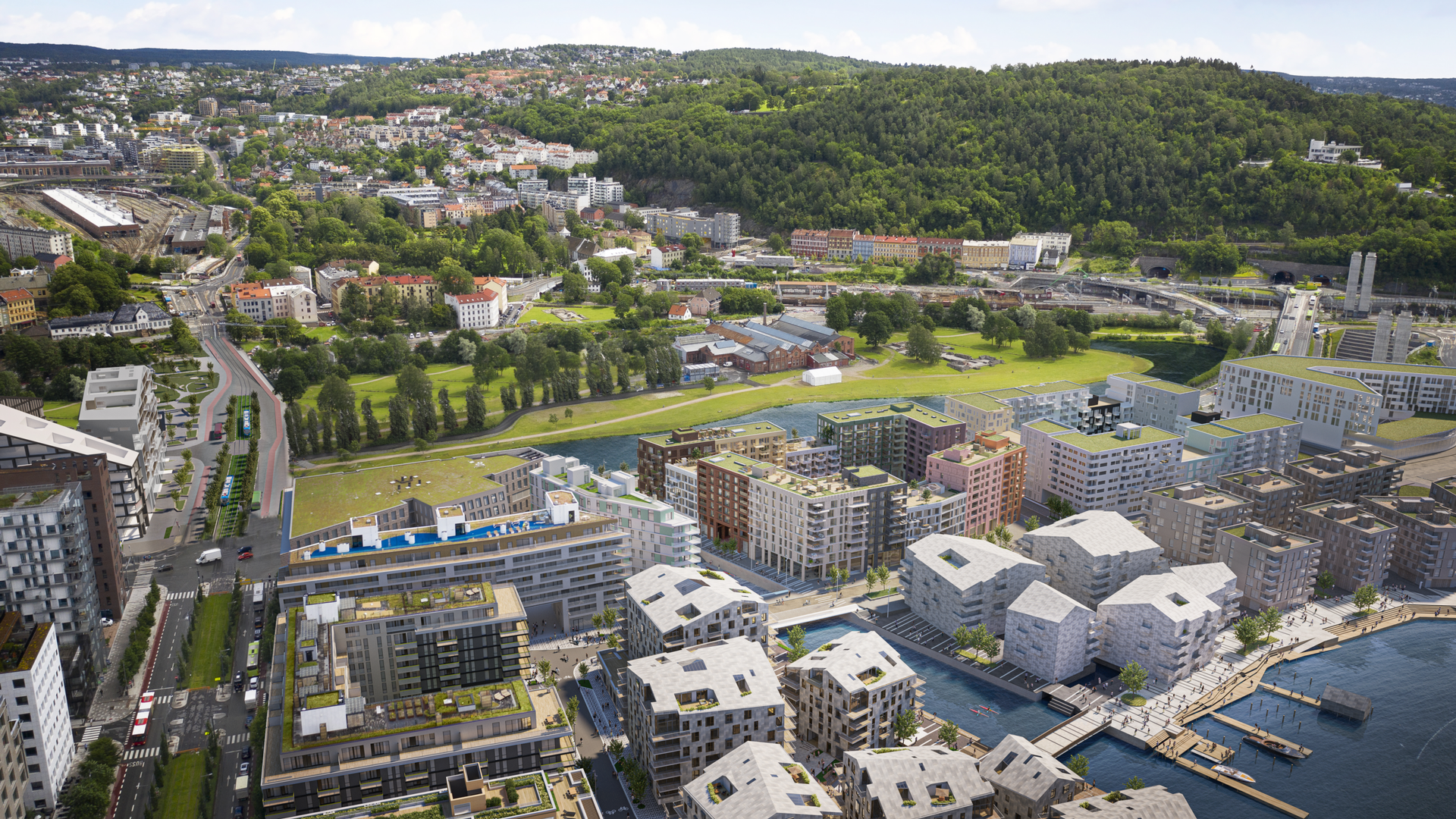 ANNERLEDES: Clemenskvartalet i Bjørvika skiller seg ut ved å legge til rette for en mer sosial måte å bo på. Kvartalet ligger rett til høyre for midten av bildet, og har flere ulike fasader. | Foto: Oslo S Utvikling