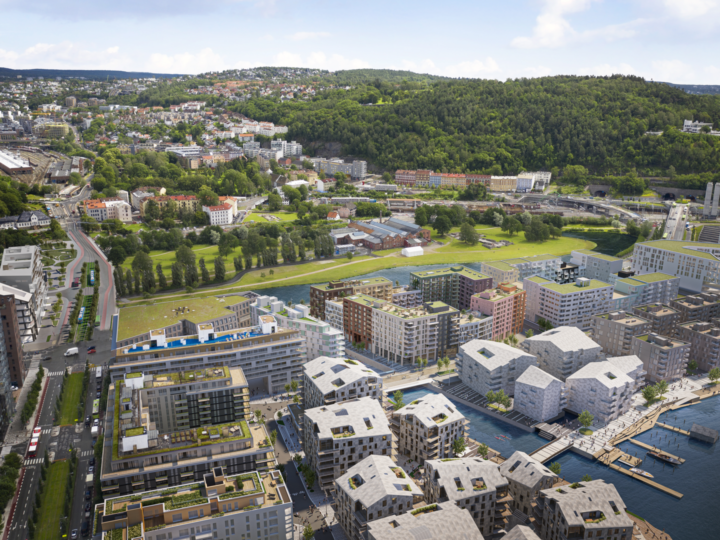 ANNERLEDES: Clemenskvartalet i Bjørvika skiller seg ut ved å legge til rette for en mer sosial måte å bo på. Kvartalet ligger rett til høyre for midten av bildet, og har flere ulike fasader. | Foto: Oslo S Utvikling