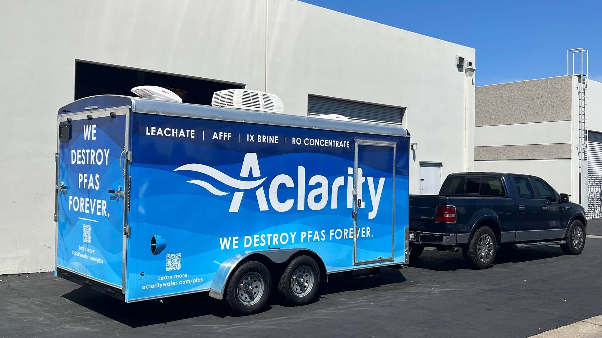 Aclaritys mobile trailer, der kan ødelægge PFAS-forbindelser i blandt andet perkolat. | Foto: Aclarity / Pr