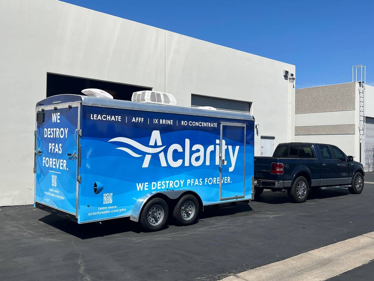 Aclaritys mobile trailer, der kan ødelægge PFAS-forbindelser i blandt andet perkolat. | Foto: Aclarity / Pr