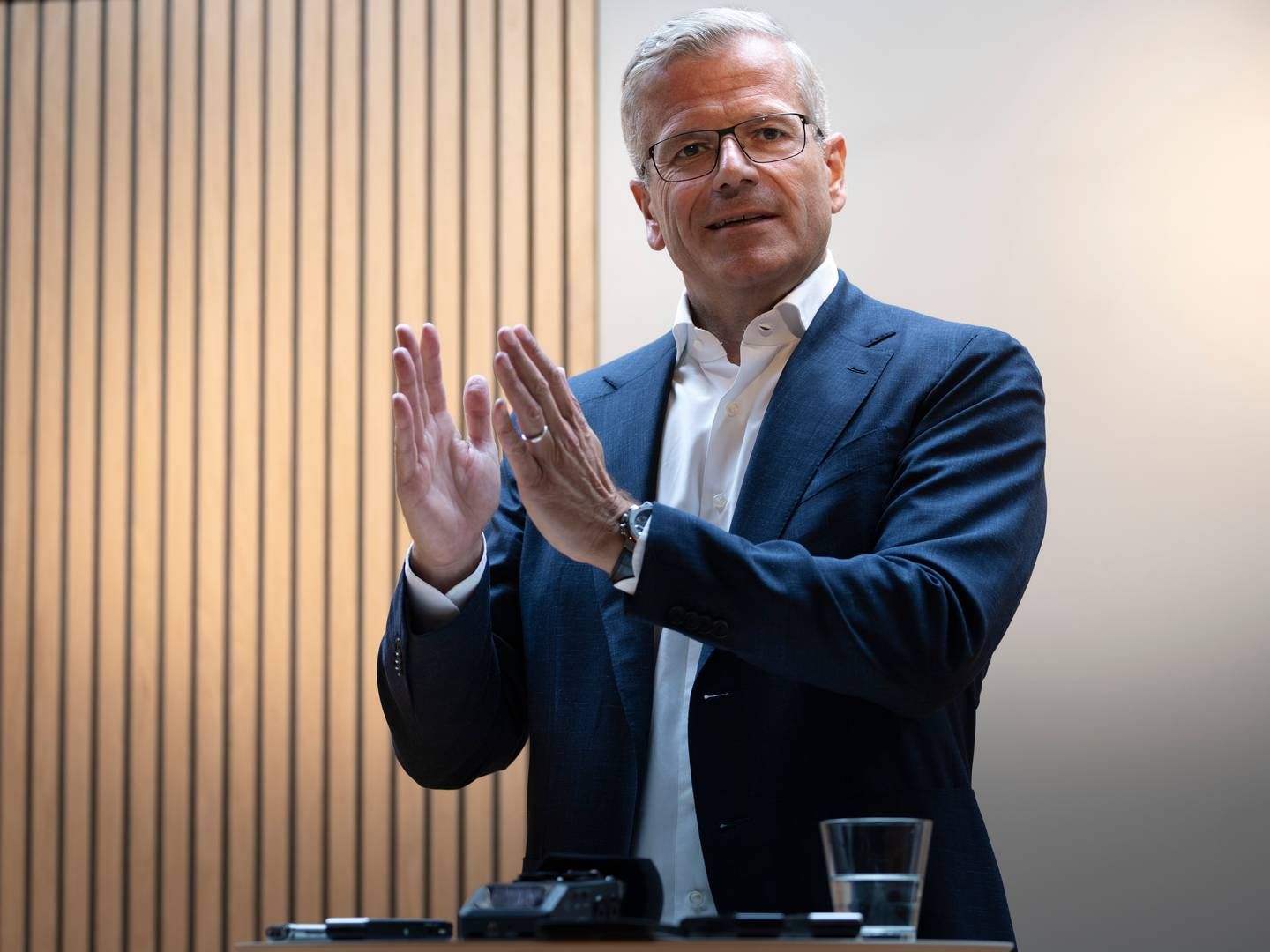 Mærsks topchef Vincent Clerc på pressemødet i forbindelse med regnskabet for andet kvartal. | Foto: Thomas Traasdahl