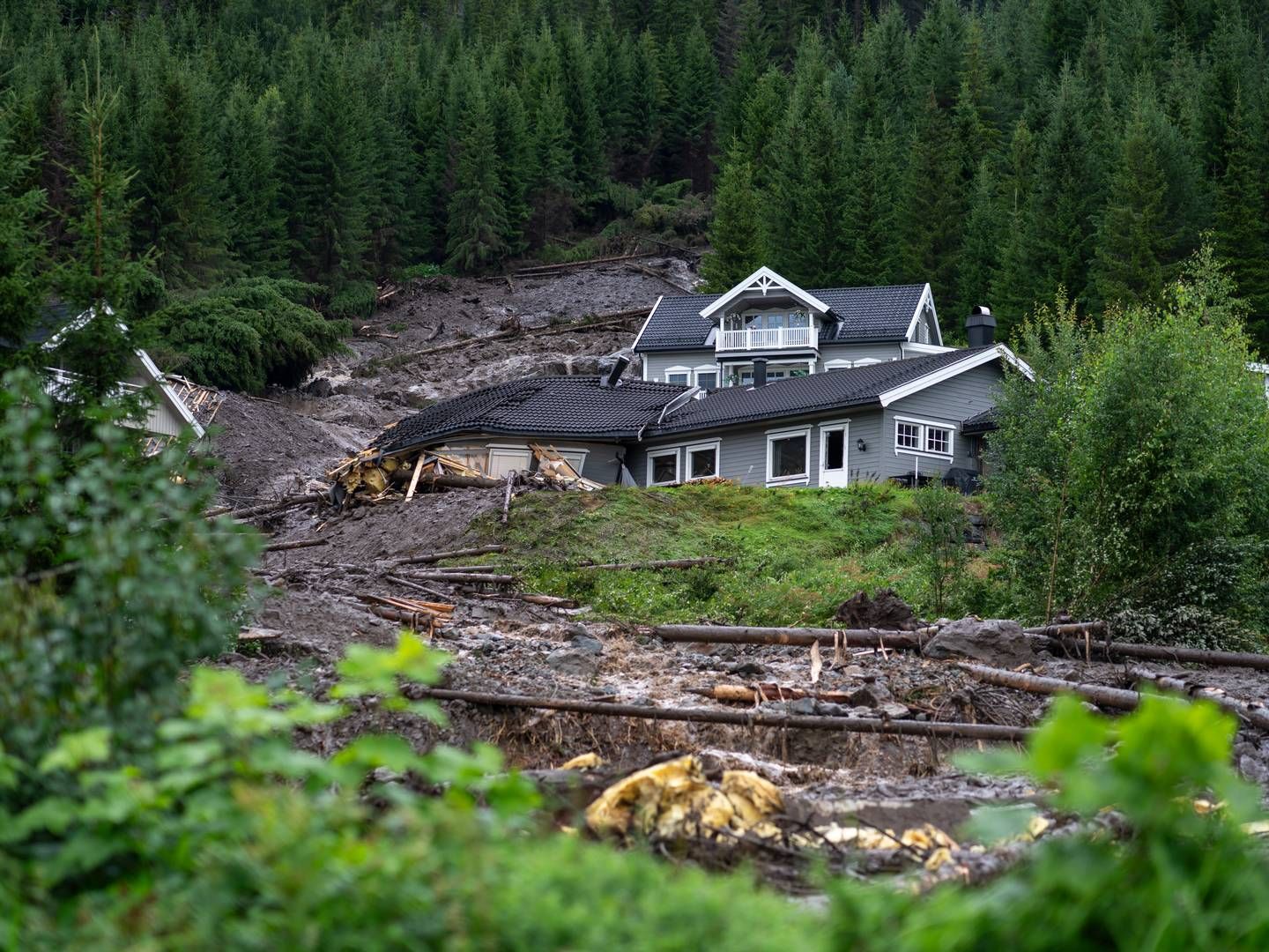 Flere hus er tatt av et skred som har gått gjennom et boligområde i Bagn i Valdres. Ekremværet Hans har ført til flere skred og stor vannføring i elver og vassdrag. | Foto: Cornelius Poppe / NTB