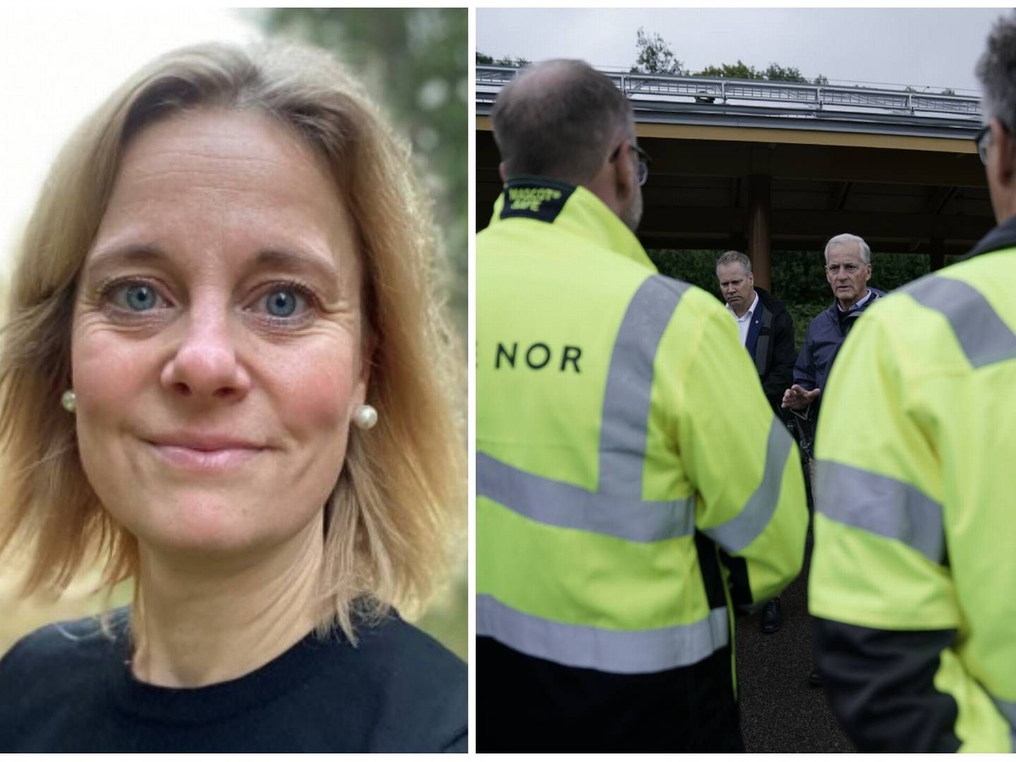 Statsminister Jonas Gahr Støre og samferdselsminister Jon-Ivar Nygård så på flomskadene på Leirsund stasjon etter ekstremværet «Hans» onsdag. Stine Strachan til venstre. | Foto: LinkedIn og NTB. Collage: EiendomsWatch