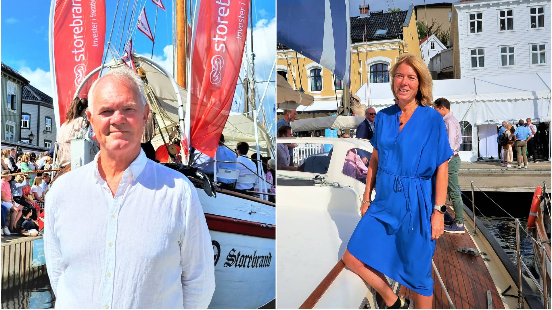 I FLYTSONEN: Administrerende direktør Truls Nergaard i Storebrand Eiendom, og Synnøve Lyssand Sandberg, administrerende direktør i Skanska Næringseiendom, ved konsernets båter i Arendal. Her nøt begge solen på dag tre av Arendalsuka 2023.