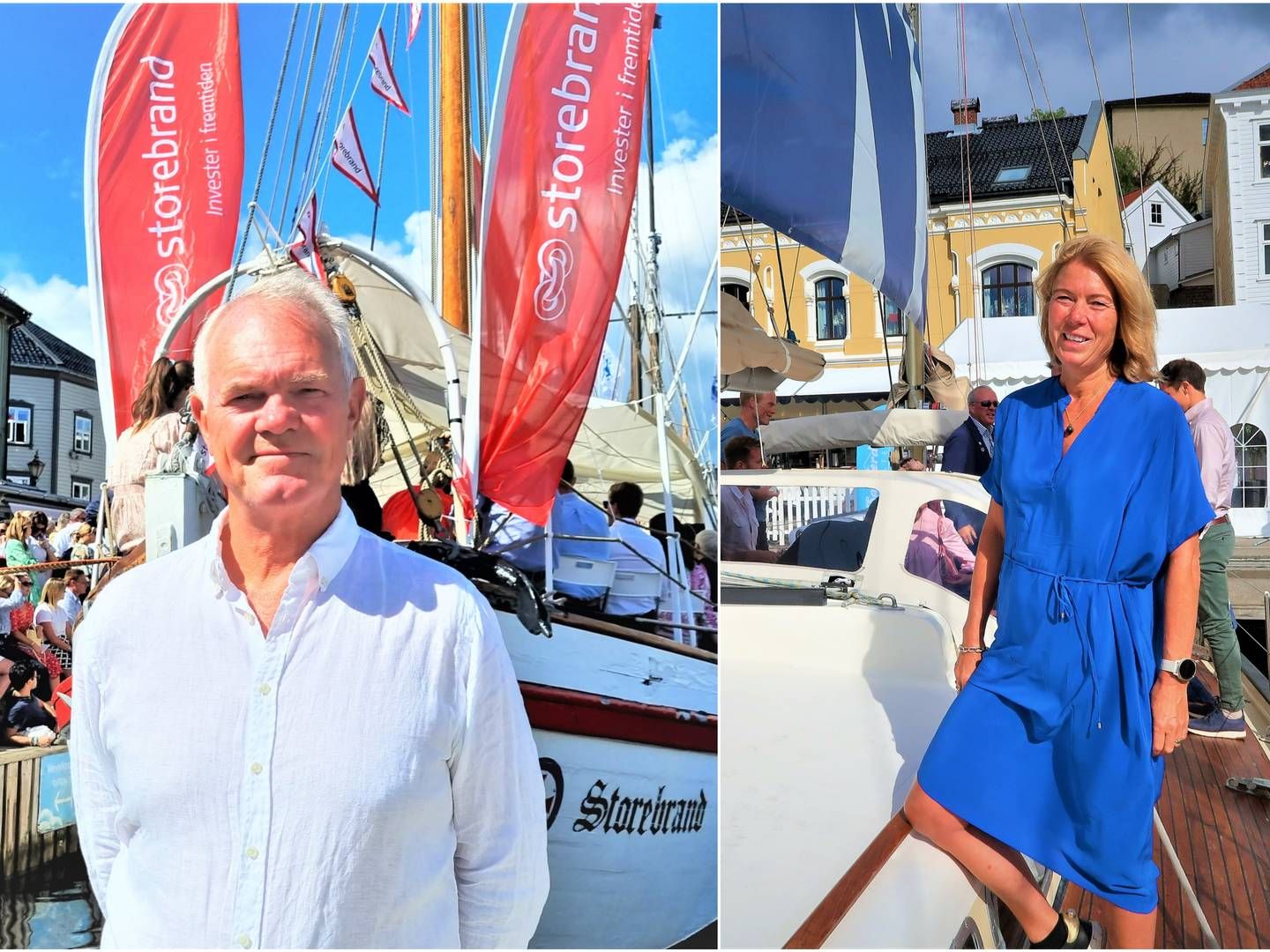 I FLYTSONEN: Administrerende direktør Truls Nergaard i Storebrand Eiendom, og Synnøve Lyssand Sandberg, administrerende direktør i Skanska Næringseiendom, ved konsernets båter i Arendal. Her nøt begge solen på dag tre av Arendalsuka 2023.