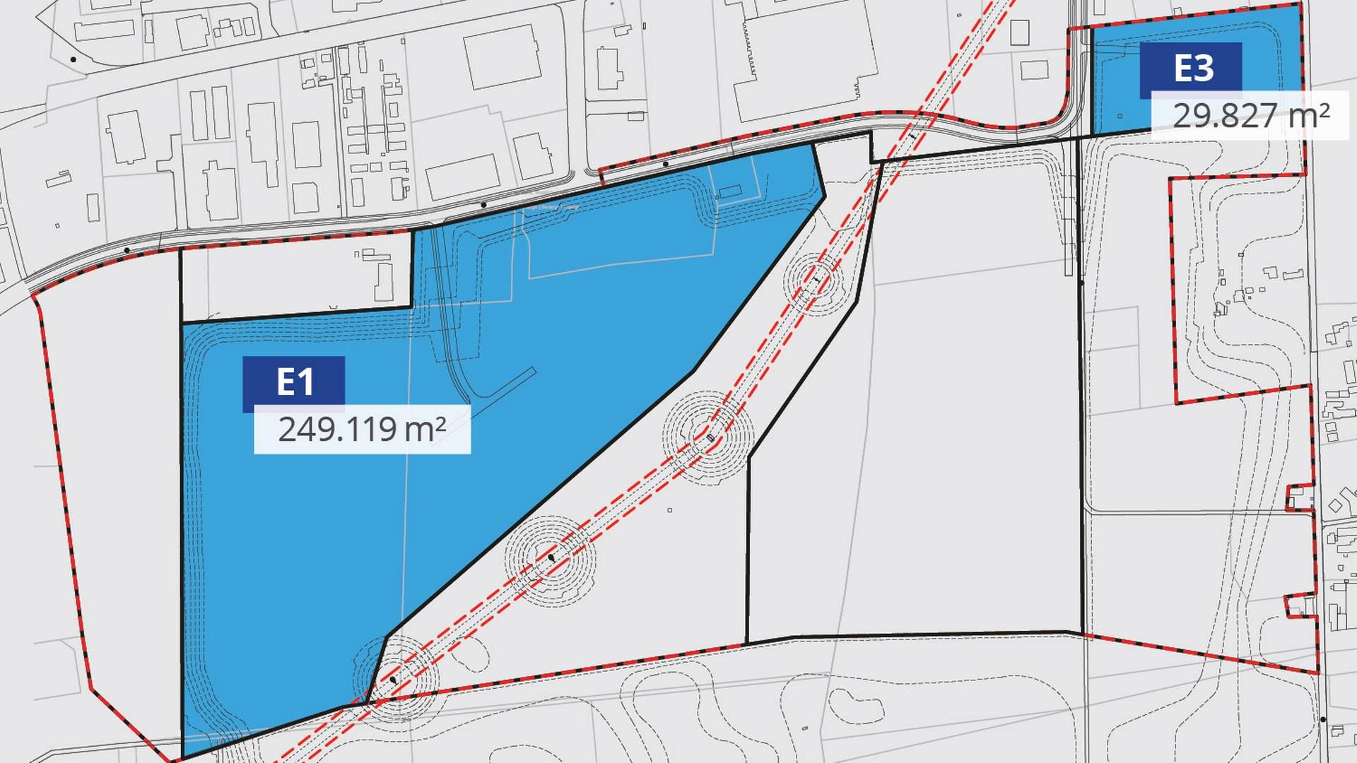 De to udviklingsområder markeret med blå sættes nu til salg hos erhvervsmægleren Colliers. | Foto: PR