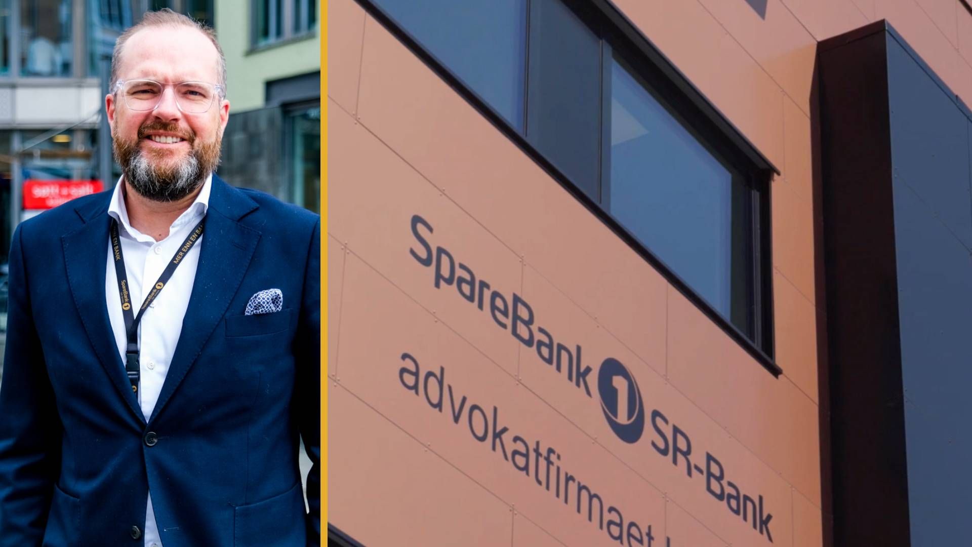 Til venstre: regiondirektør privatmarked på Vestlandet og Haugalandet i SR-Bank, Mads Didriksen. Til høyre: SR-Banks logo er satt opp på veggen på det nye bygget på Knarvik. | Foto: Sebastian Holsen / FinansWatch - SR-Bank / PR