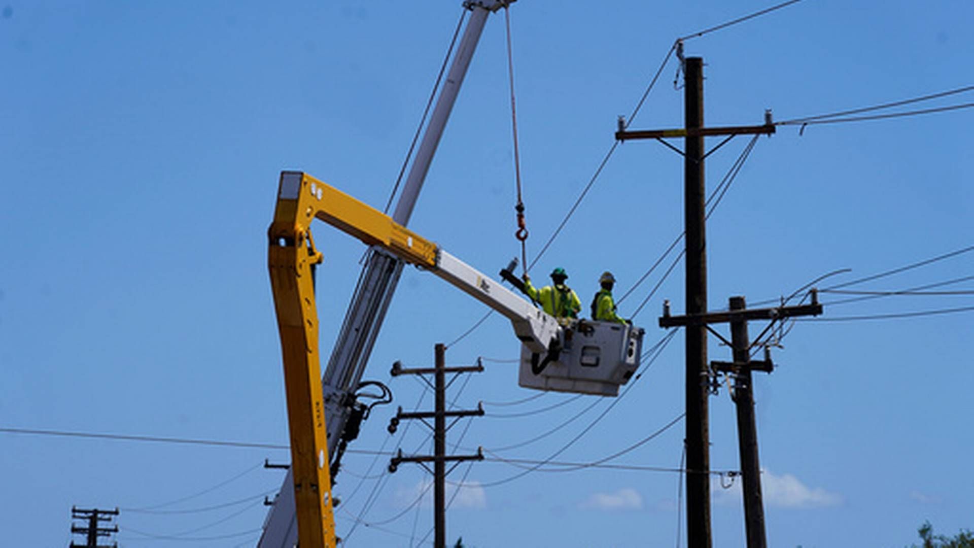 I TRØBBEL: Kraftselskapet Hawaiian Electric Company er saksøkt av myndighetene på Maui torsdag for brannen som ødela turistbyen Lahaina. Her reparerer arbeidere kraftlinjene i byen. | Foto: Rick Bowmer / AP / NTB