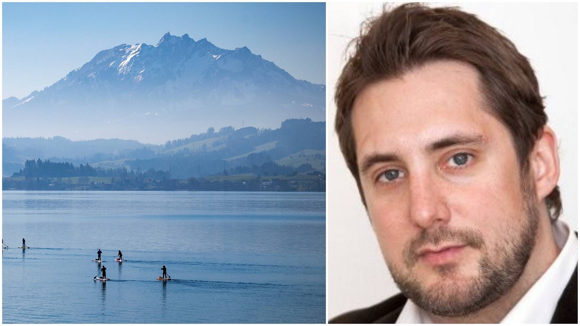 NYTT BOSTED: Gustaf Aspelin flytter til Sveits og Zug-regionen, hvor denne sjøen ligger. | Foto: Alexandra Wey/Keystone via AP og LinkedIn. Collage: EiendomsWatch