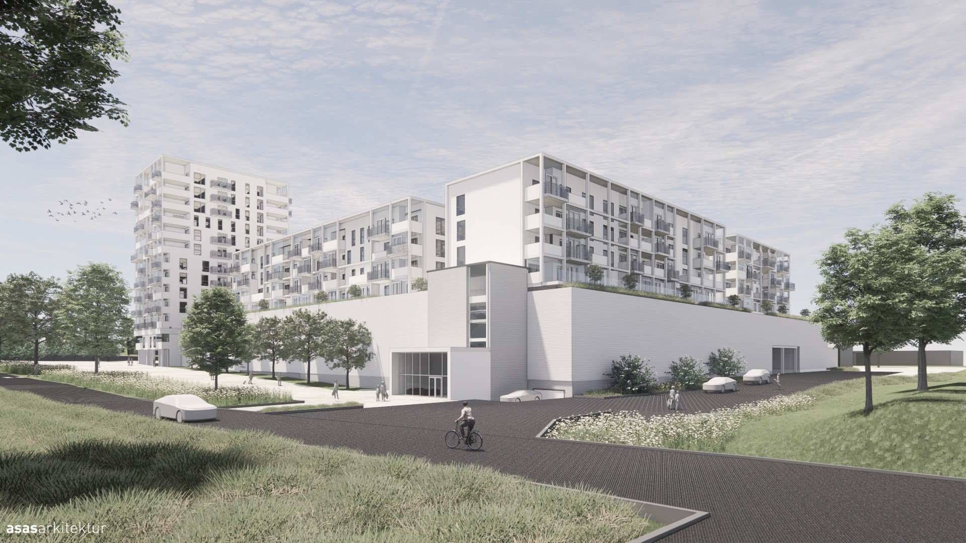 SLIK KAN DET BLI: Hamar kan få 150 nye leiligheter i Obos-regi. | Foto: Perspektivskisse utarbeidet av ASAS arkitektur