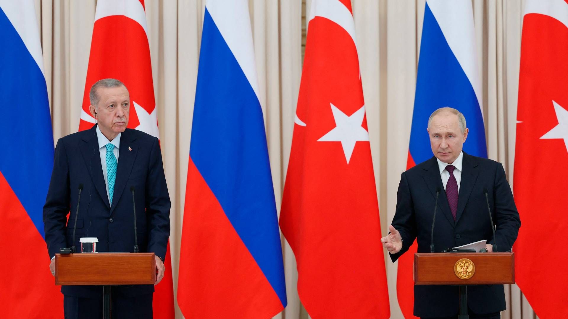 Forhandlingerne mellem Vladimir Putin og Recep Tayyip Erdogan endte uden en fornyelse af kornaftalen. | Foto: Murat Cetin Muhurdar/AFP/Ritzau Scanpix