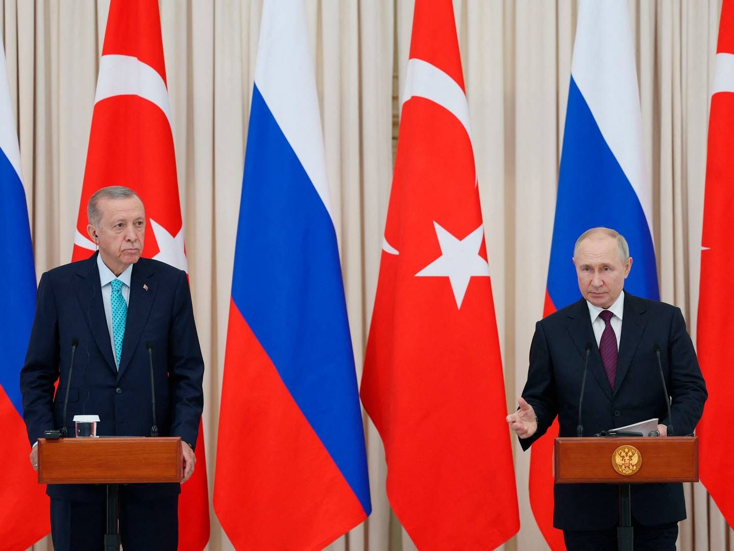 Forhandlingerne mellem Vladimir Putin og Recep Tayyip Erdogan endte uden en fornyelse af kornaftalen. | Foto: Murat Cetin Muhurdar/AFP/Ritzau Scanpix