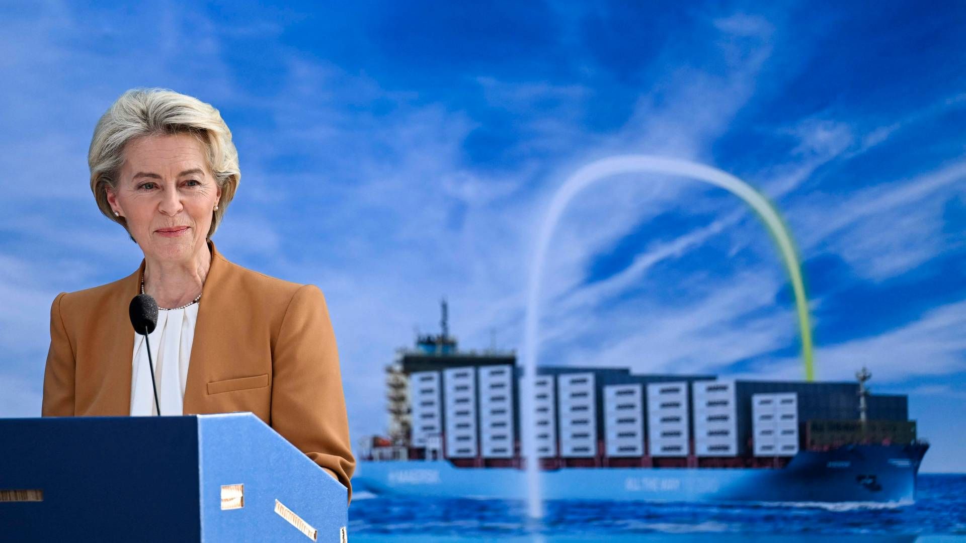 On Thursday, EU Commission President Ursula von der Leyen named the new Maersk ship that can sail on methanol. | Photo: Sergei Gapon/AFP/Ritzau Scanpix