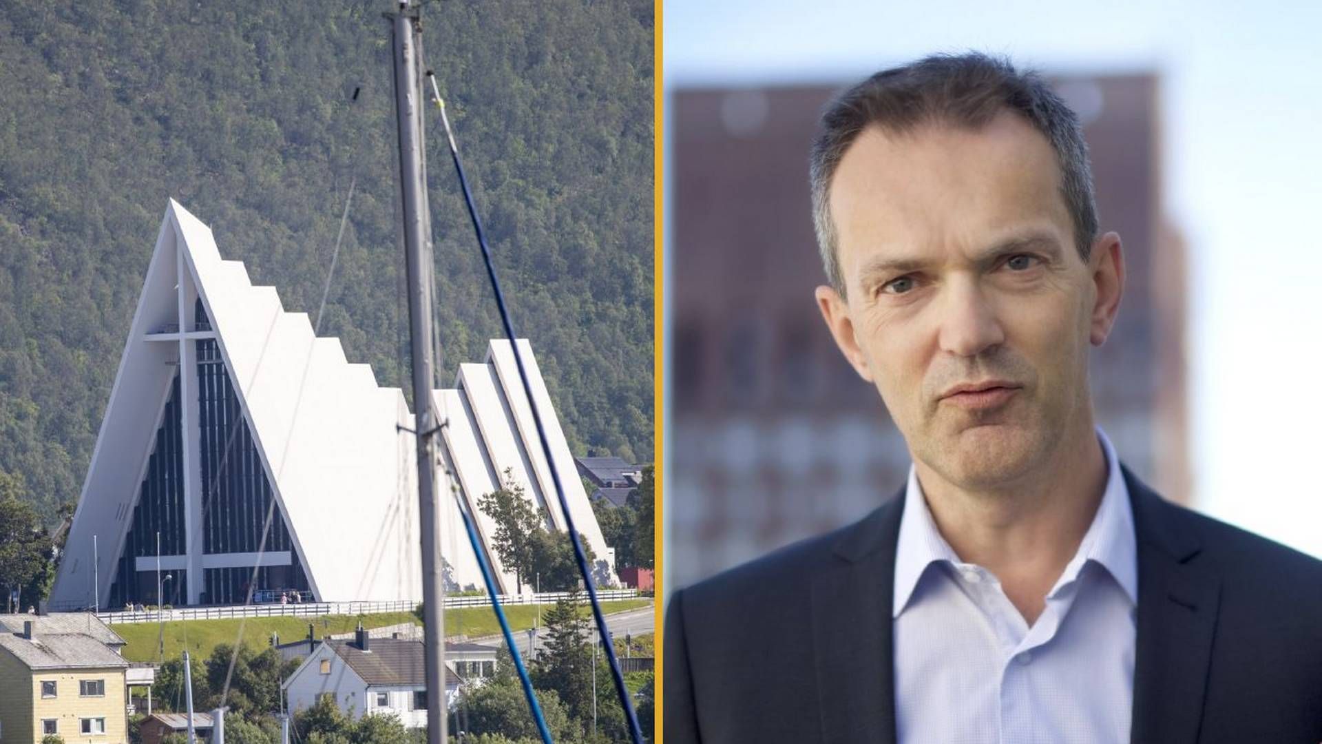 Illustration image. Left: Tromsø landmark Tromsdalen Church, commonly nicknamed Ishavskatedralen, which means "The Cathedral of the Arctic Ocean". To the right: Folketrygdfondet CEO Kjetil Houg, who recommends that a management unit in Tromsø should look at listed Nordic equities outside the benchmark indices.
