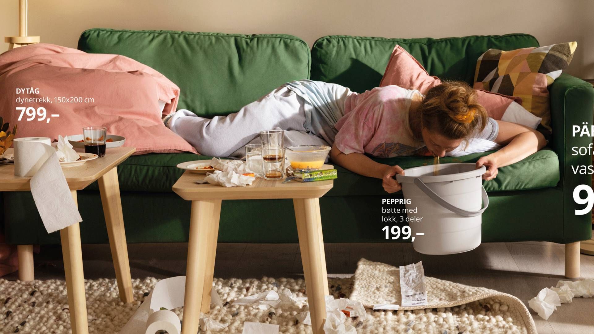 SYK FILM: Reklamefilmen «Magevirus» starter med en scene der et barn sitter og leker alene i pen og ryddig stue, men avsluttes med bilder av en kvinner rammet av omgangssyke. | Foto: Try / Ikea