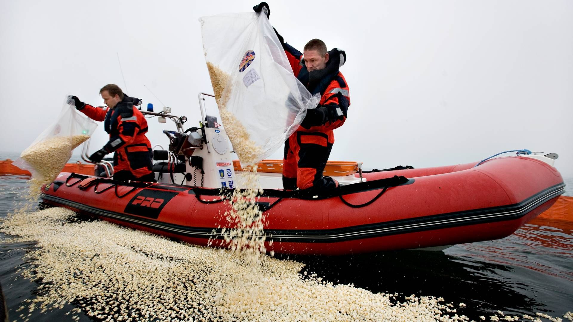 Det er langt fra første gang, at man benytter sig af popcorn for at simulere et olieudslip. Det samme gjorde Falck-redderne Jan og Peter under en øvelse i Brøndby Havn i 2009. | Foto: Jacob Ehrbahn