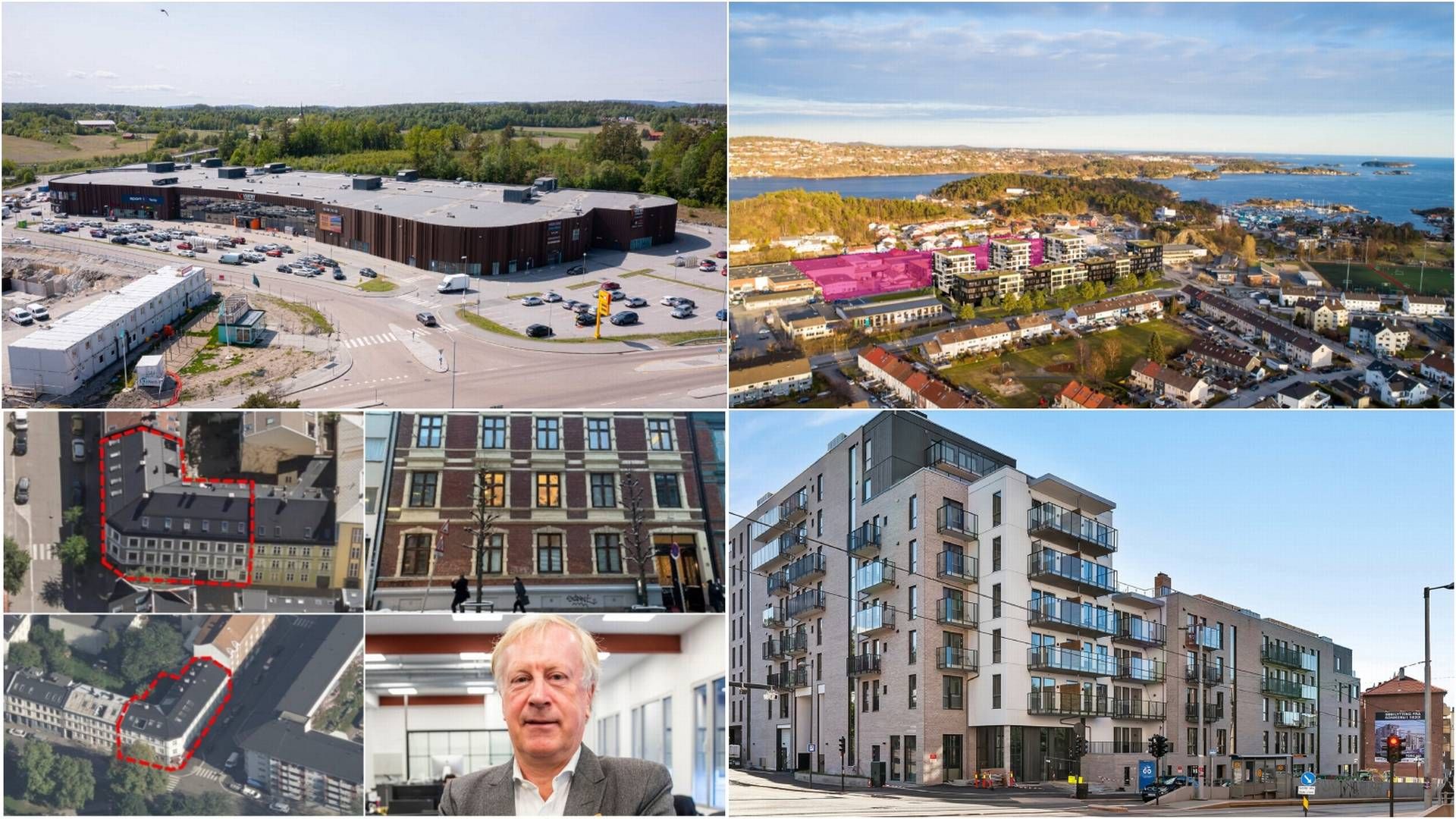 SOLGT: Vestby storsenter, et utviklingsområde i Kristiansand, tre bygårder i Oslo og Carl Berner Torg. | Foto: Selskapene, NTB og Oslo kommune. Collage: EiendomsWatch