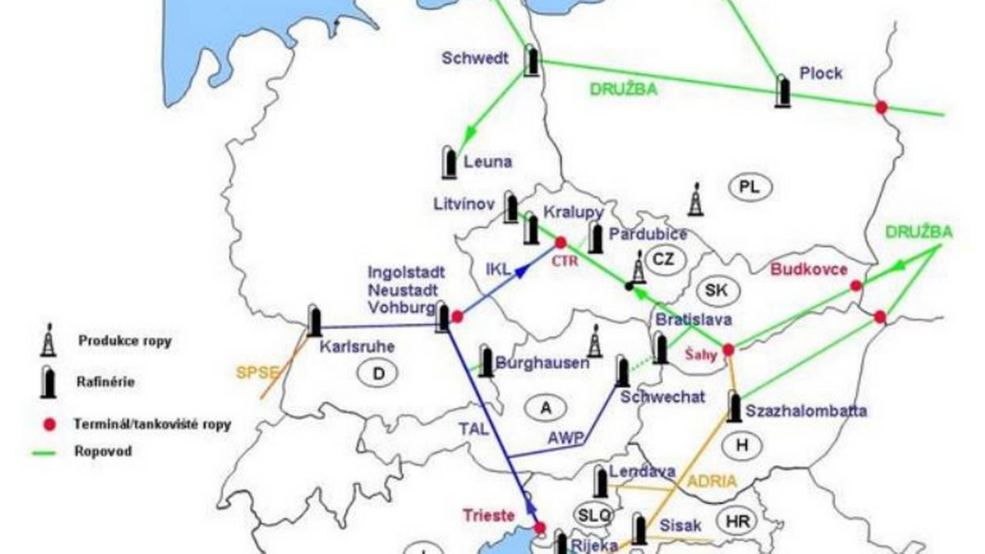 UVISST: Analytikere spekulerer i om Ukraina vil stenge deler av rørledningen Druzjba (i grønt), skriver den norske ambassaden i Tsjekkia. Skjermdump. | Foto: Utenriksdepartementet