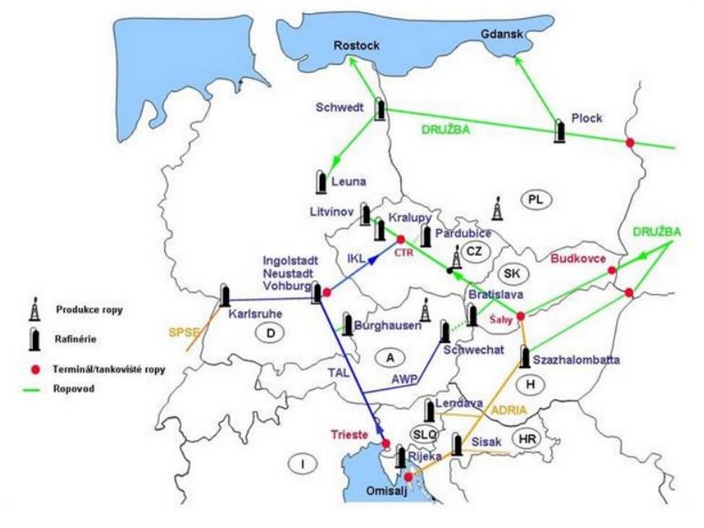 UVISST: Analytikere spekulerer i om Ukraina vil stenge deler av rørledningen Druzjba (i grønt), skriver den norske ambassaden i Tsjekkia. Skjermdump. | Foto: Utenriksdepartementet