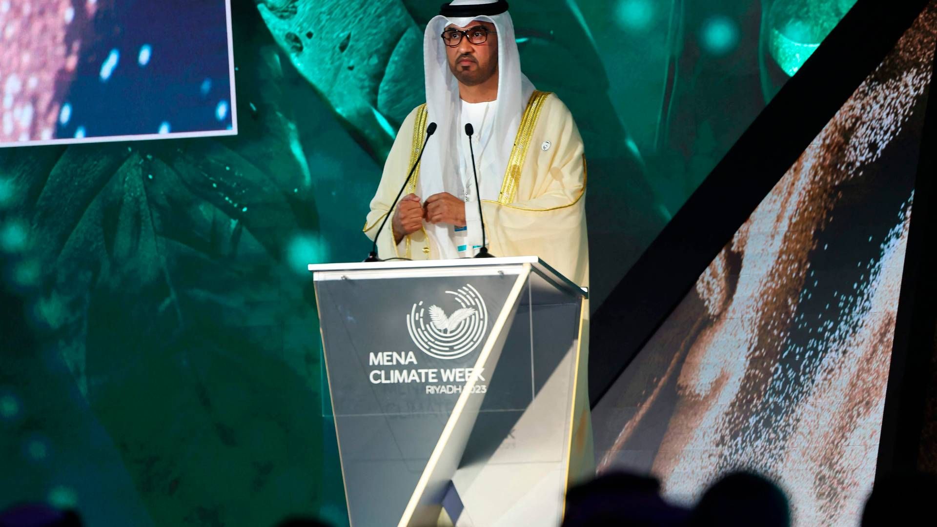 The president of the upcoming COP28 climate summit Sultan Al Jaber speaks at the opening of the "Middle East and North Africa (MENA)" Climate Week, a UN-organized conference to be held in the Saudi capital Riyadh on Oct. 8, 2023. | Photo: Fayez Nureldine