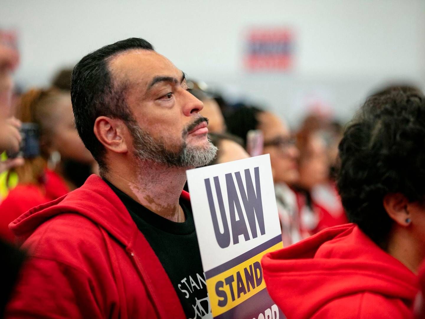 Titusindvis af medlemmerne i fagforeningen United Auto Workers strejker allerede. | Foto: Jim Vondruska/AFP/Ritzau Scanpix