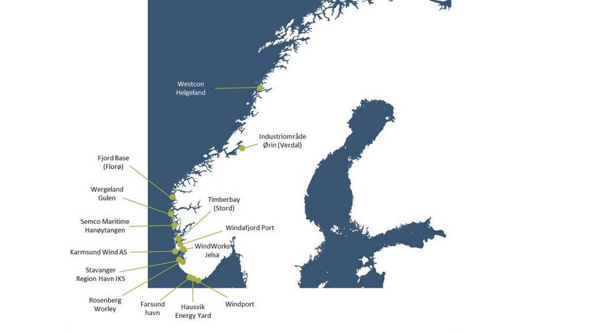 VESTLANDET DOMINERER: Her er oversikten over havnene som har planer om å bli med på det såkalte havvind-eventyret som norske myndigheter har initiert. | Foto: Menon Economics