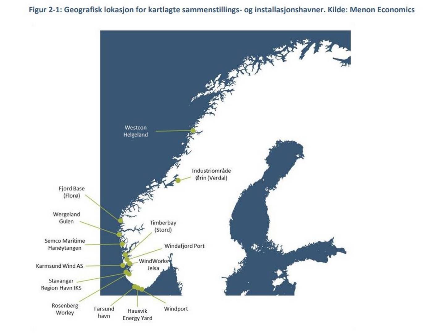 VESTLANDET DOMINERER: Her er oversikten over havnene som har planer om å bli med på det såkalte havvind-eventyret som norske myndigheter har initiert. | Foto: Menon Economics