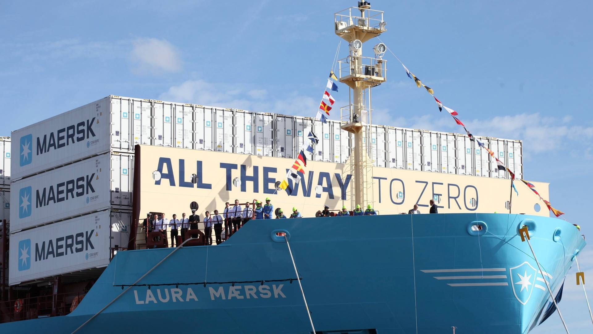 Rederiet Mærsks første containerskib, Laura Mærsk, til grøn metanol. | Foto: Steffen Trumpf/AP/Ritzau Scanpix