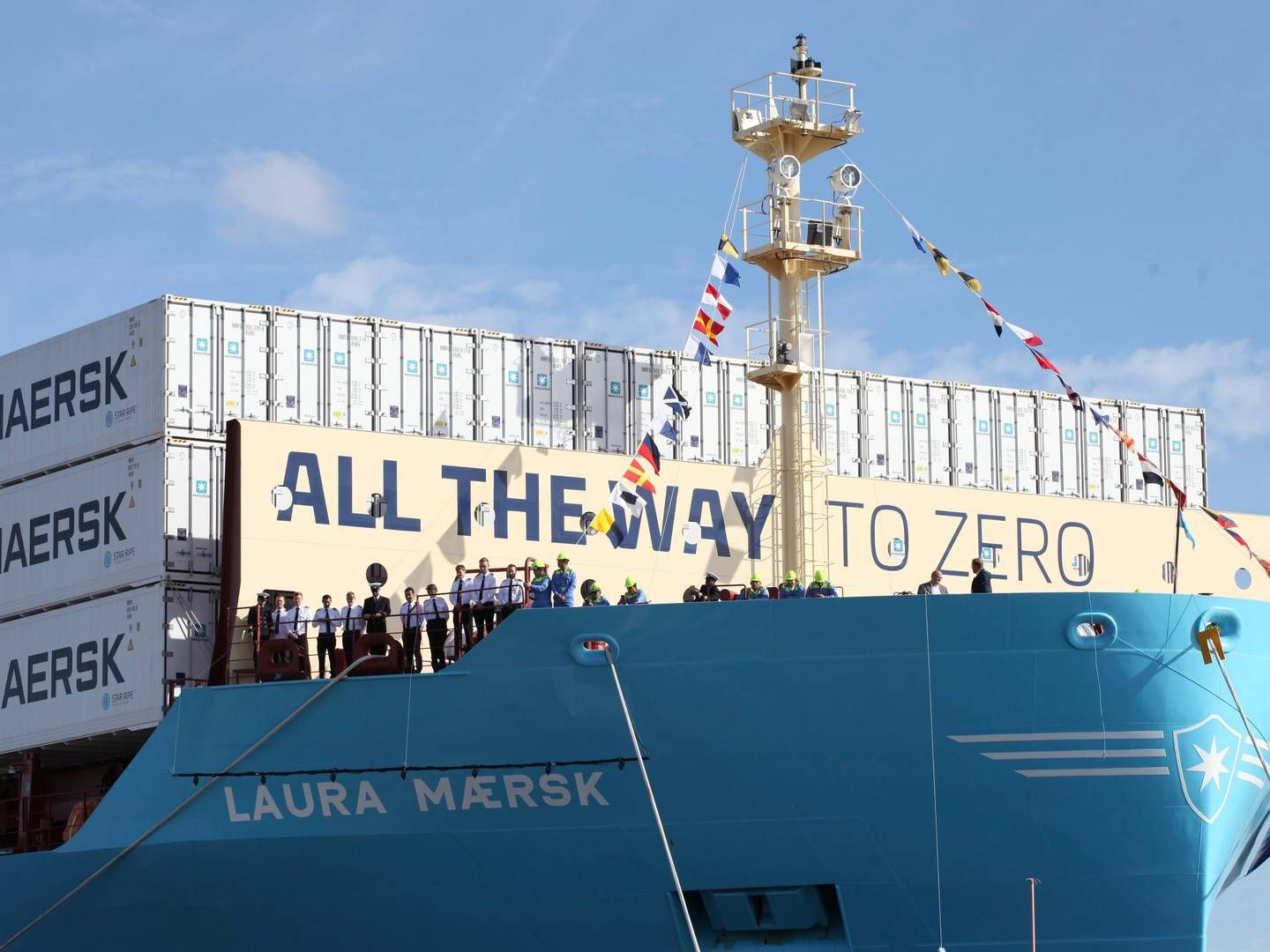 Rederiet Mærsks første containerskib, Laura Mærsk, til grøn metanol. | Foto: Steffen Trumpf/AP/Ritzau Scanpix