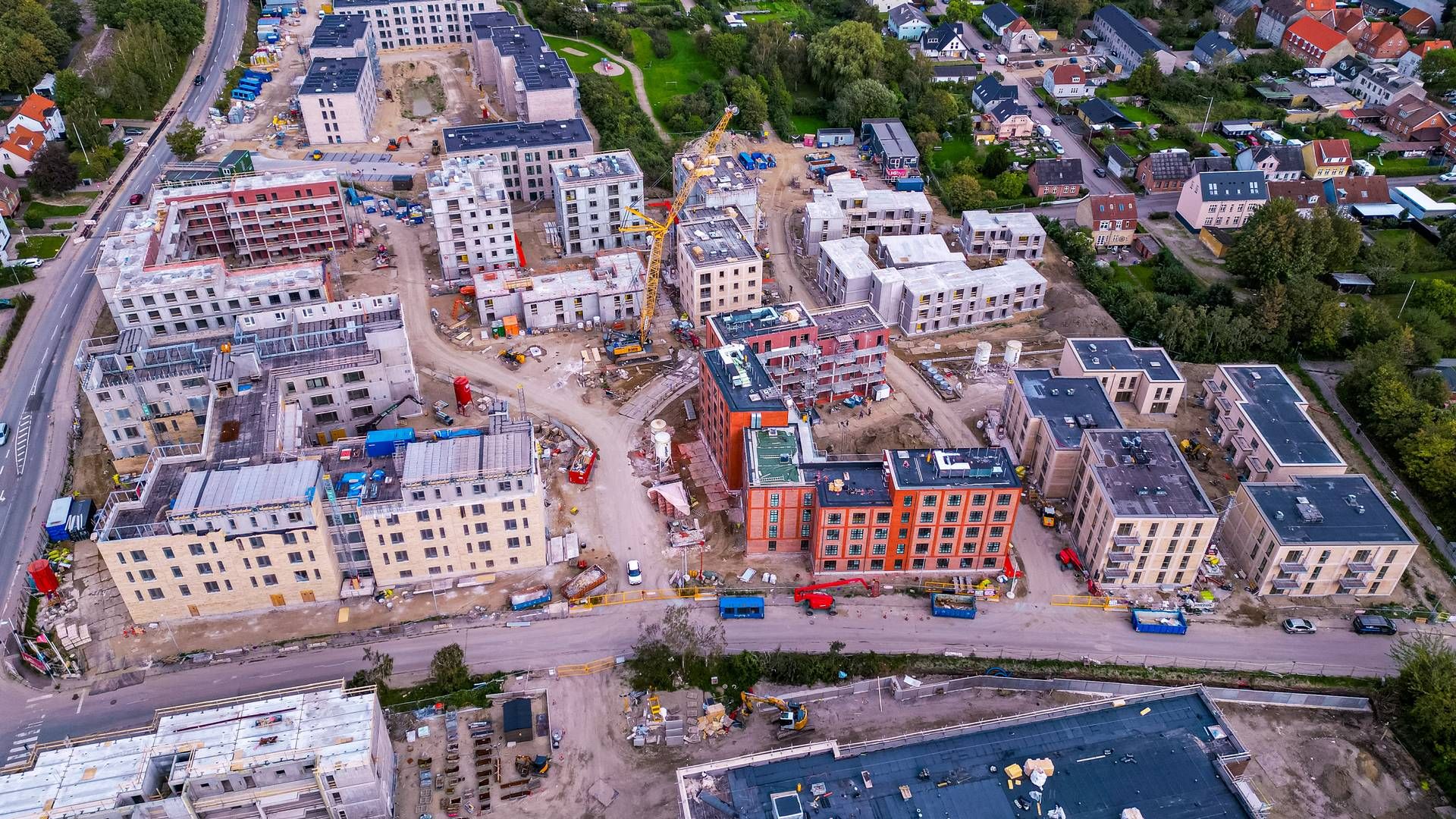 Et luftfoto af den kommende bydel kaldet Kvægtorvet i Slagelse, hvor Deas udvikler 324 boliger i samarbejde med PFA Ejendomme. | Foto: Pr / Deas