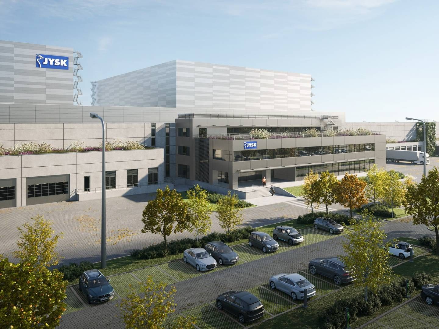 3D-visualisering af planerne for Jysks nye distributionscenter i Holland. Centret i Spanien vil komme til at ligne det. | Foto: Jysk
