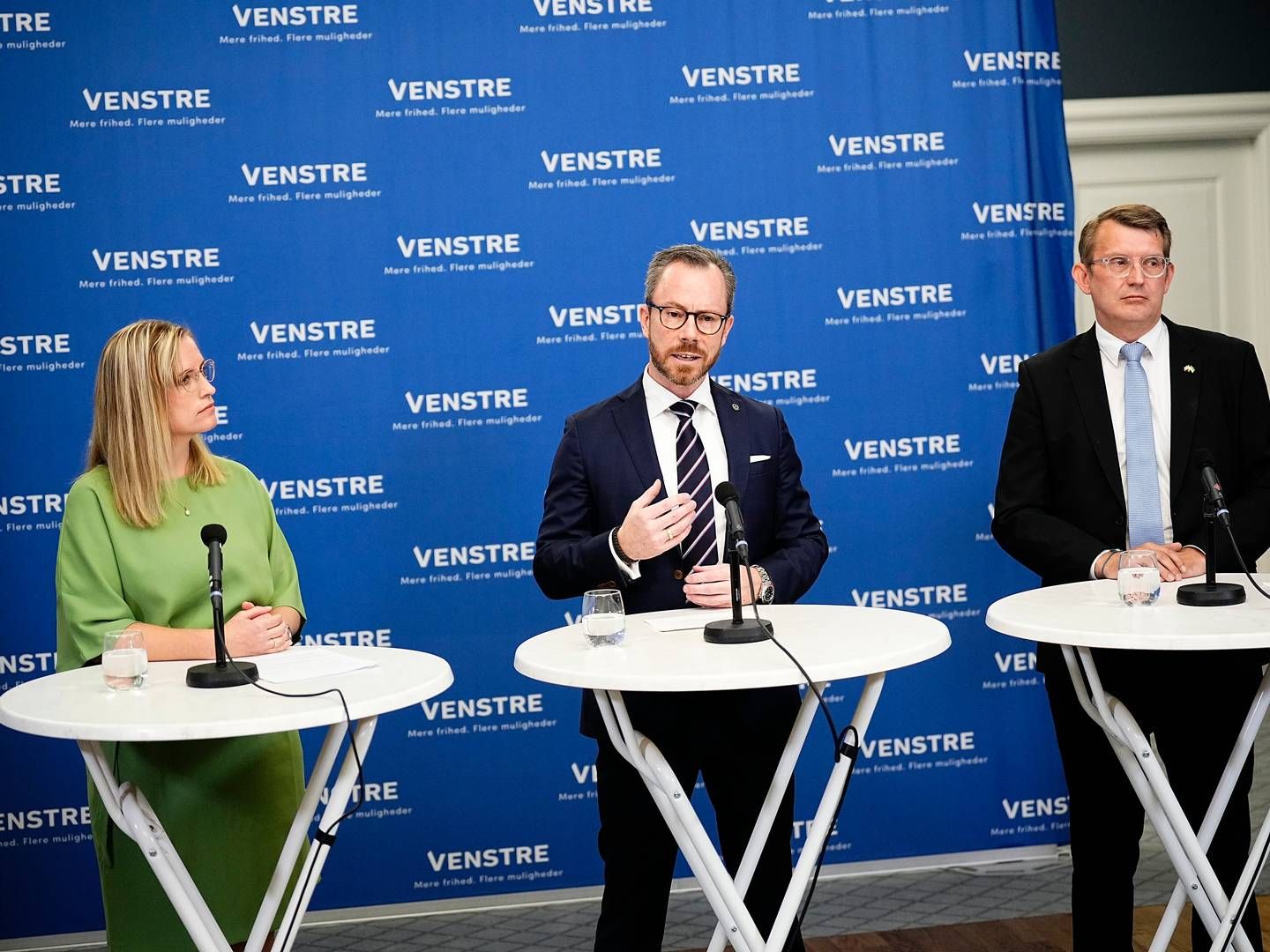 Jakob Ellemann-Jensen, Troels Lund Poulsen og Stephanie Lose holder pressemøde vedrørende situationen i Venstre på Christiansborg mandag 23. oktober 2023. | Foto: Martin Sylvest / Ritzau Scanpix