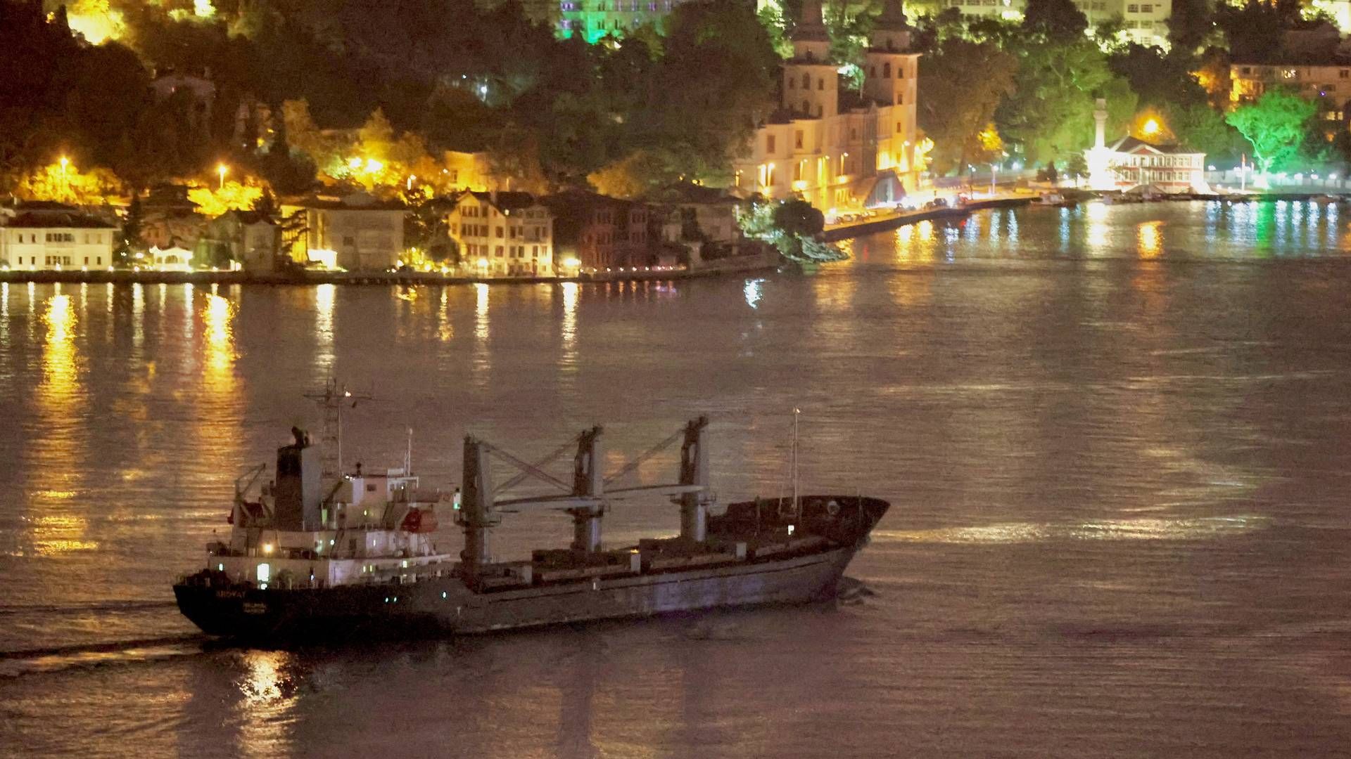 Et tørlastskib sejler gennem Bosporus-strædet efter at have hentet korn ved Ukraines krigsramte sortehavskyst. | Foto: Yoruk Isik/Reuters/Ritzau Scanpix