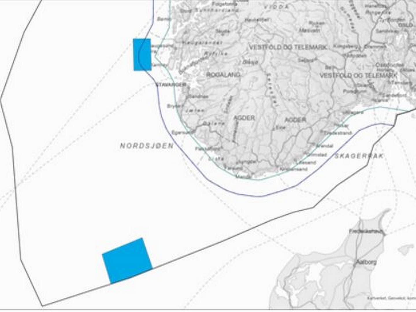 LANGT TIL HAVS: Områdene Utsira Nord og Sørlige Nordsjø II er de første områdene som er lyst ut for fornybar energiproduksjon til havs. Den blå firkanten lengst sør er Sørlige Nordsjø II. | Foto: NVE