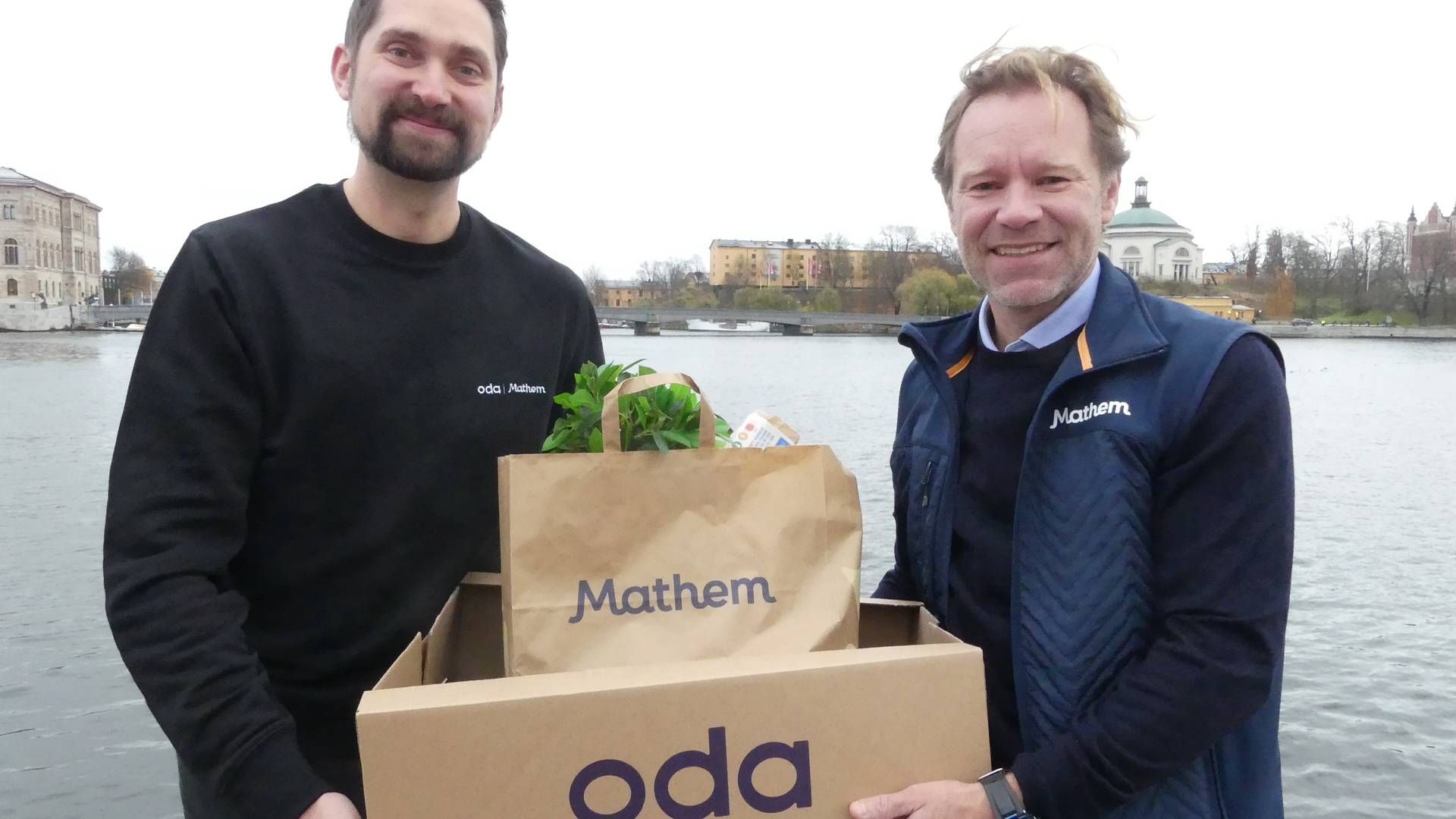 Oda og Mathem fusjonerer. Konsernsjef i Oda, Karl Munthe-Kaas og CEO i Mathem, Johan Lagercrantz | Foto: Elin Dahlstedt/Mathem