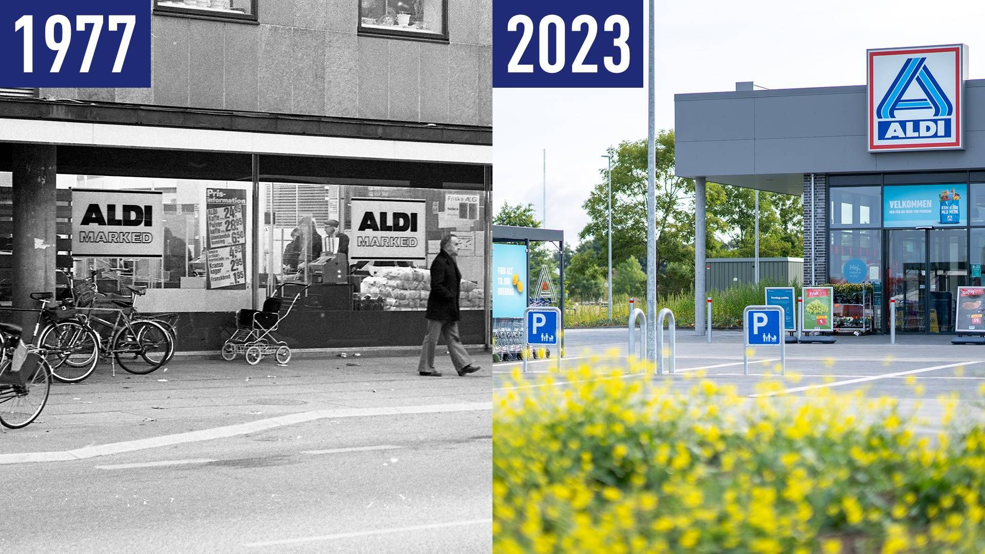 Aldis første danske butik blev etableret i 1977. Den sidste Aldi-butik i Danmark lukker i dag, den 30. november 2023. | Foto: Ole Rash, Kroppedal Museum(t.v.) og Pr (t.h.)