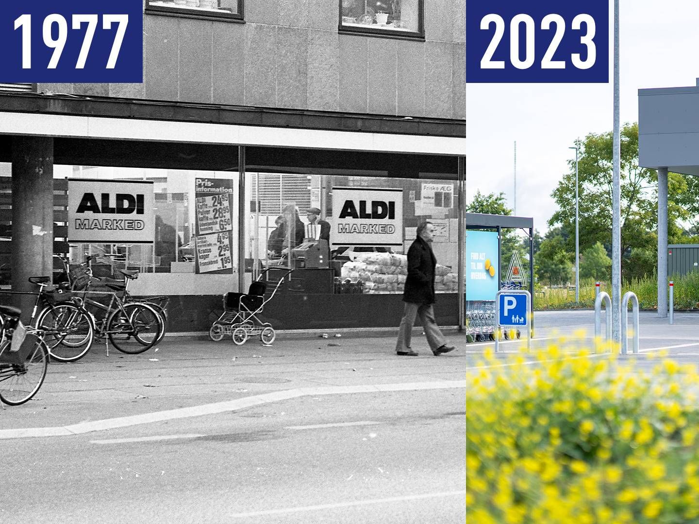 Aldis første danske butik blev etableret i 1977. Den sidste Aldi-butik i Danmark lukker i dag, den 30. november 2023. | Foto: Ole Rash, Kroppedal Museum(t.v.) og Pr (t.h.)