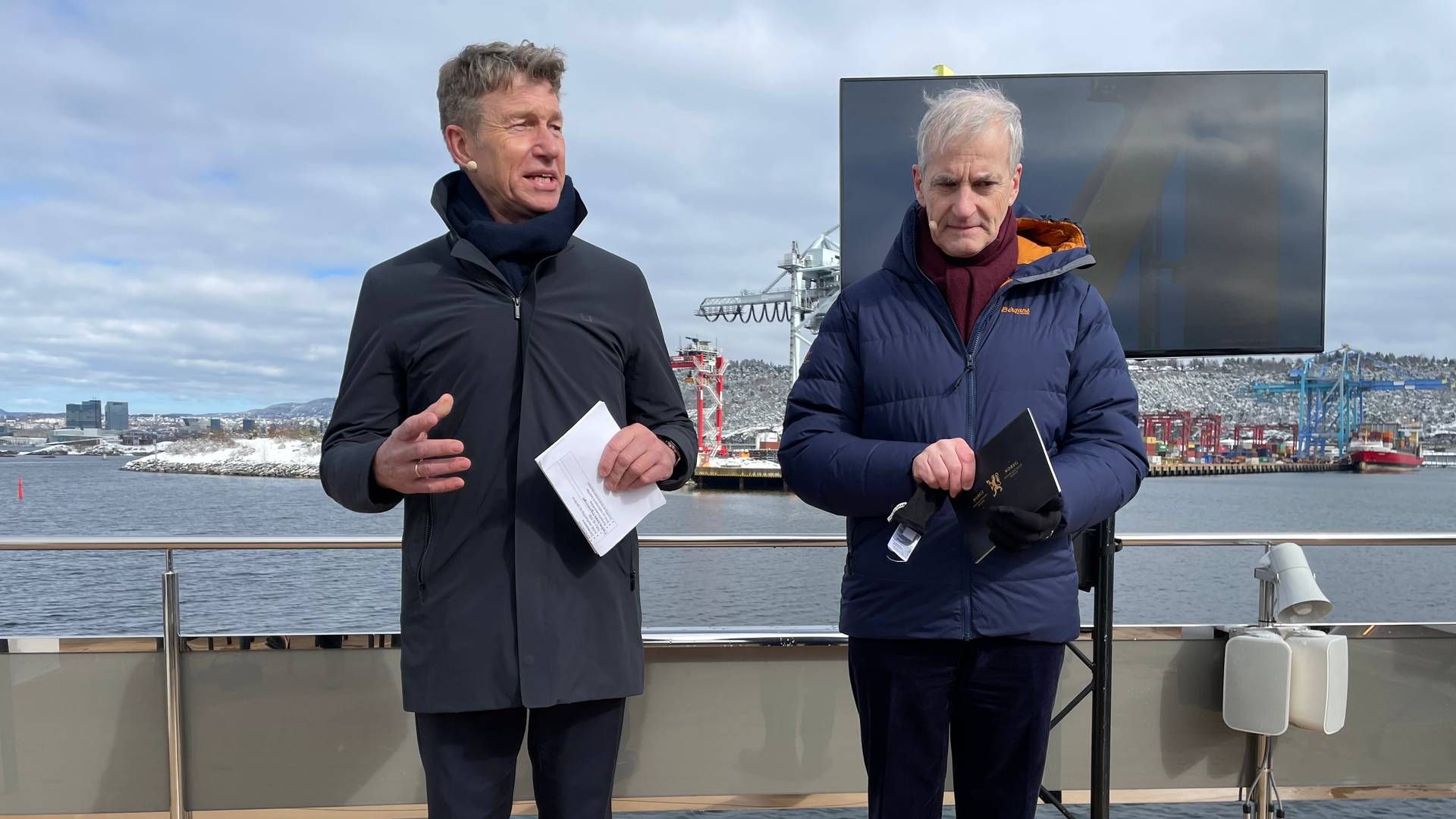 STOR DAG: Olie- og energiminister Terje Aasland (Ap) og statsminister Jonas Gahr Støre (Ap) annoncerede de to første havvindmølleområder på den norske kontinentalsokkel. Ingen konsortier ud over Magnora Offshore Wind har trukket sig fra Utsira Nord.