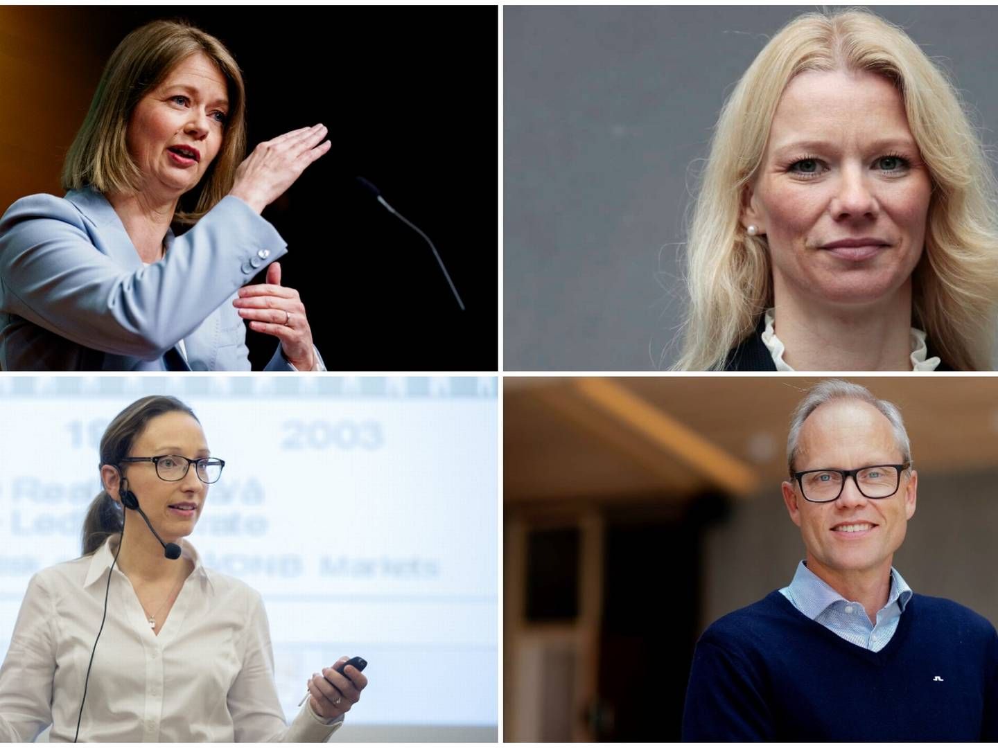 KPI OG RENTEMØTE: Sentralbanksjef Ida Wolden Bache, Kari Due-Andresen (Akershus Eiendom), Kjersti Haugland (DNB Markets) og Kyrre M. Knudsen (Sparebank 1 SR-Bank) | Foto: Selskapene og NTB. Collage: EiendomsWatch