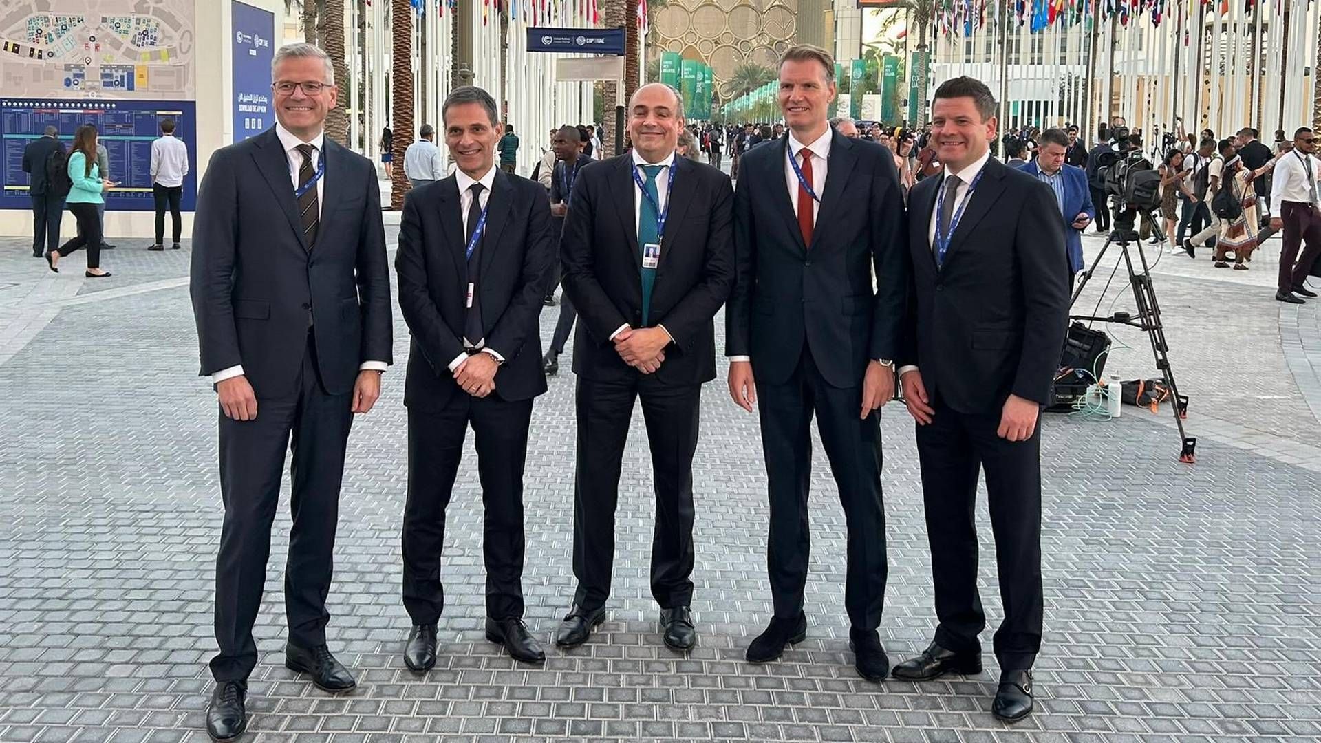 Expectations for this year's COP 28 meeting were high as plans to fulfill the Paris Agreement were laid out. Pictured here are chief executives from MSC, Maersk, CMA CGM, Hapag-Lloyd and Wallenius Willhelmsen, who have called for an end date for fossil fuel newbuildings. | Photo: Pr/mærsk.